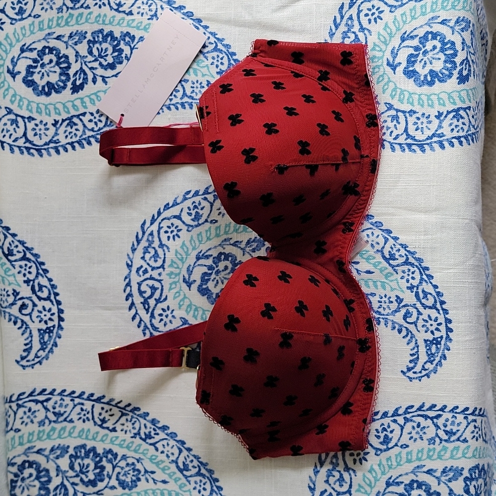 NWT STELLA McCARTNEY Red w/ Black Velvet Bows Lined Demi Bra 36C